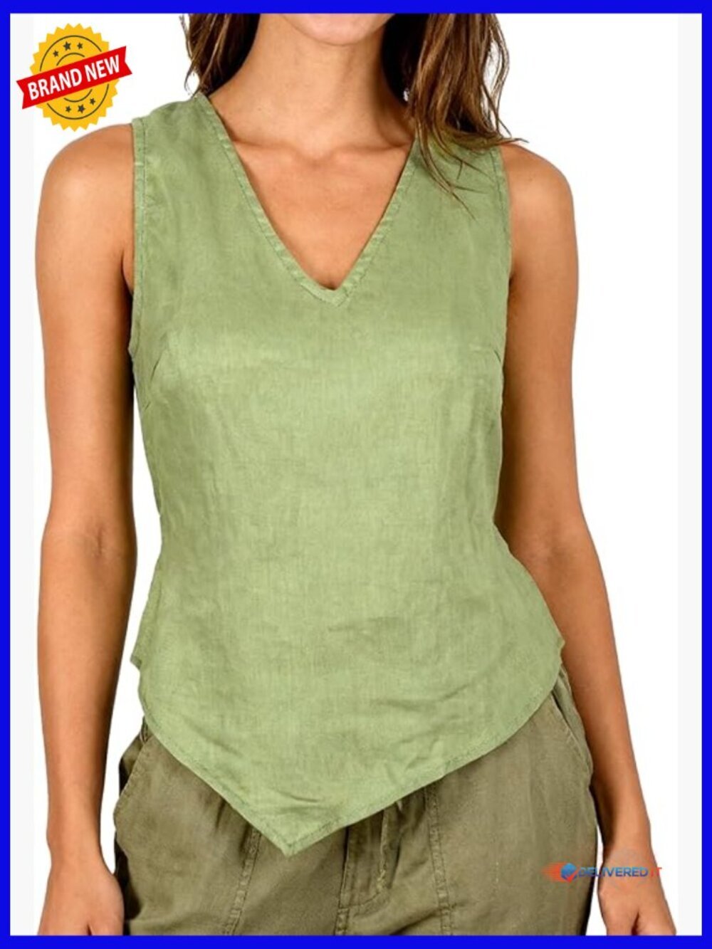 100% Linen Sleeveless V Neck Tank Top with Tie Back